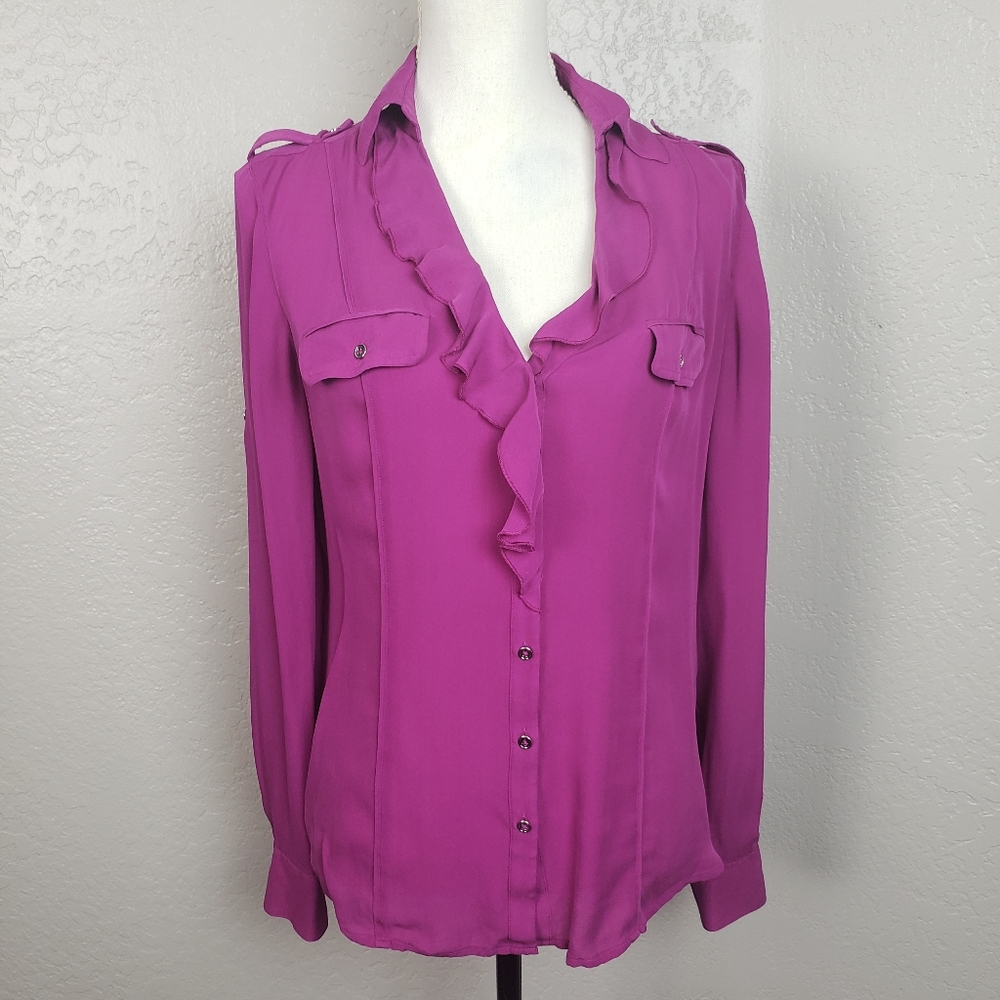 WHBM Silk Ruffle Pink Button Up Shirt Size 10